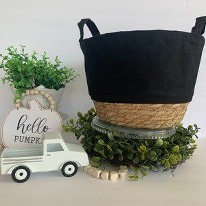 Black canvas basket with rope bottom farmhouse style